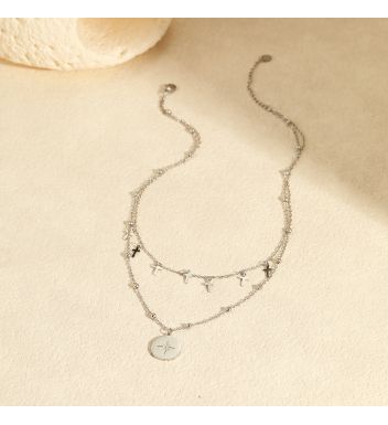 Fashion Retro Double-Layer Stackable Titanium Steel Necklace with Cross, Compass Star, and Round Pendant