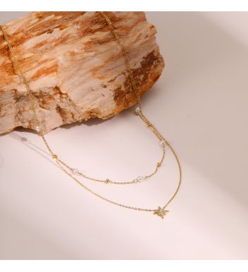 Double-layer Hexagram Diamond-studded Pearl Stainless Steel Necklace Plated with 18K Gold